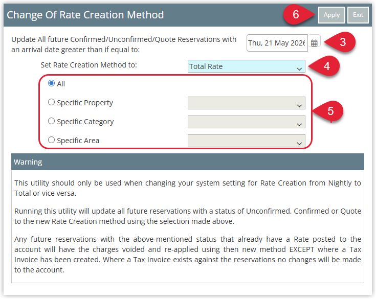 Annotated screenshot of the Change Of Rate Creation Method utility in RMS showing the effective date, the Set Rate Creation Method selector, and the All, Specific Property, Category, and Area scope options with the Apply button highlighted