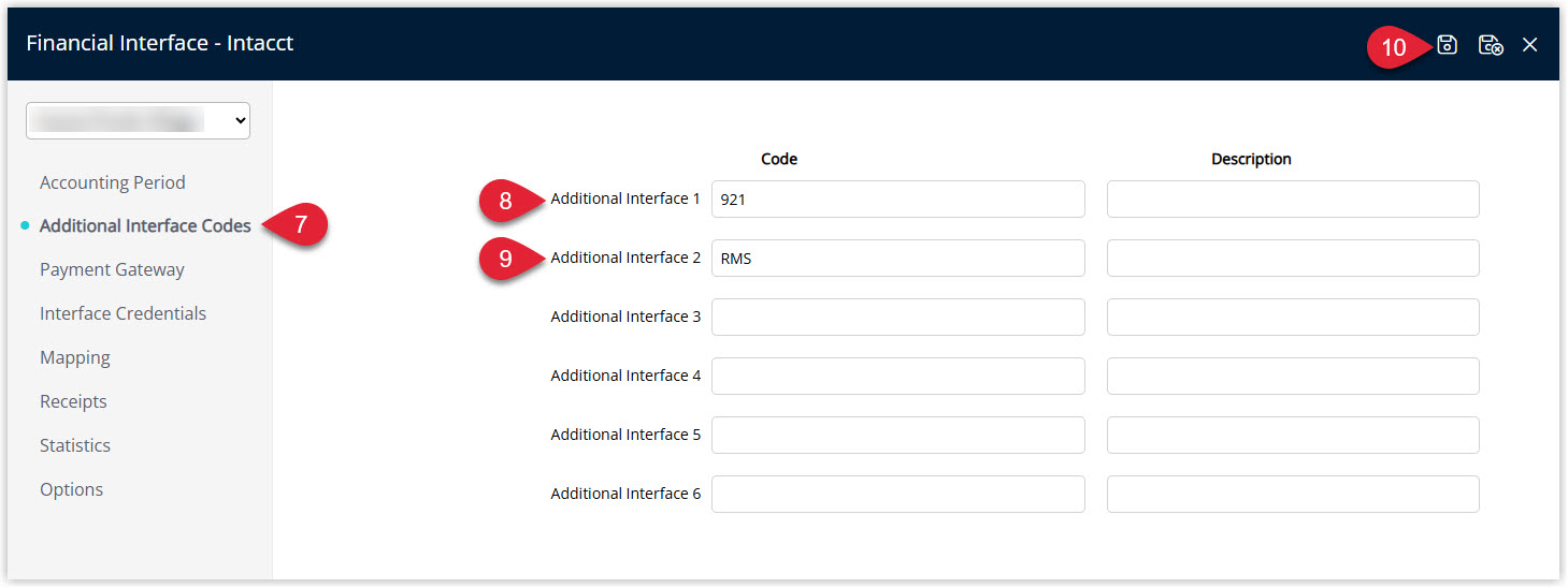 Annotated screenshot of the Financial Interface Additional Interface Codes tab in RMS showing the Additional Interface code fields