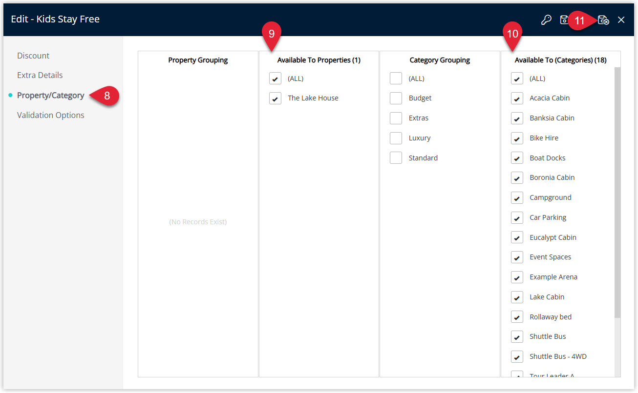 Annotated screenshot of the Edit Discount Property/Category screen in RMS showing the available properties and area categories the Children and Infants Stay Free discount applies to