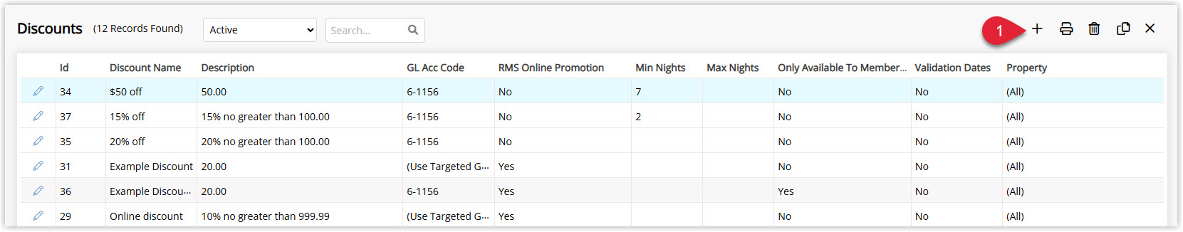 Annotated screenshot of the Discounts list in RMS showing active discounts with the Add button highlighted