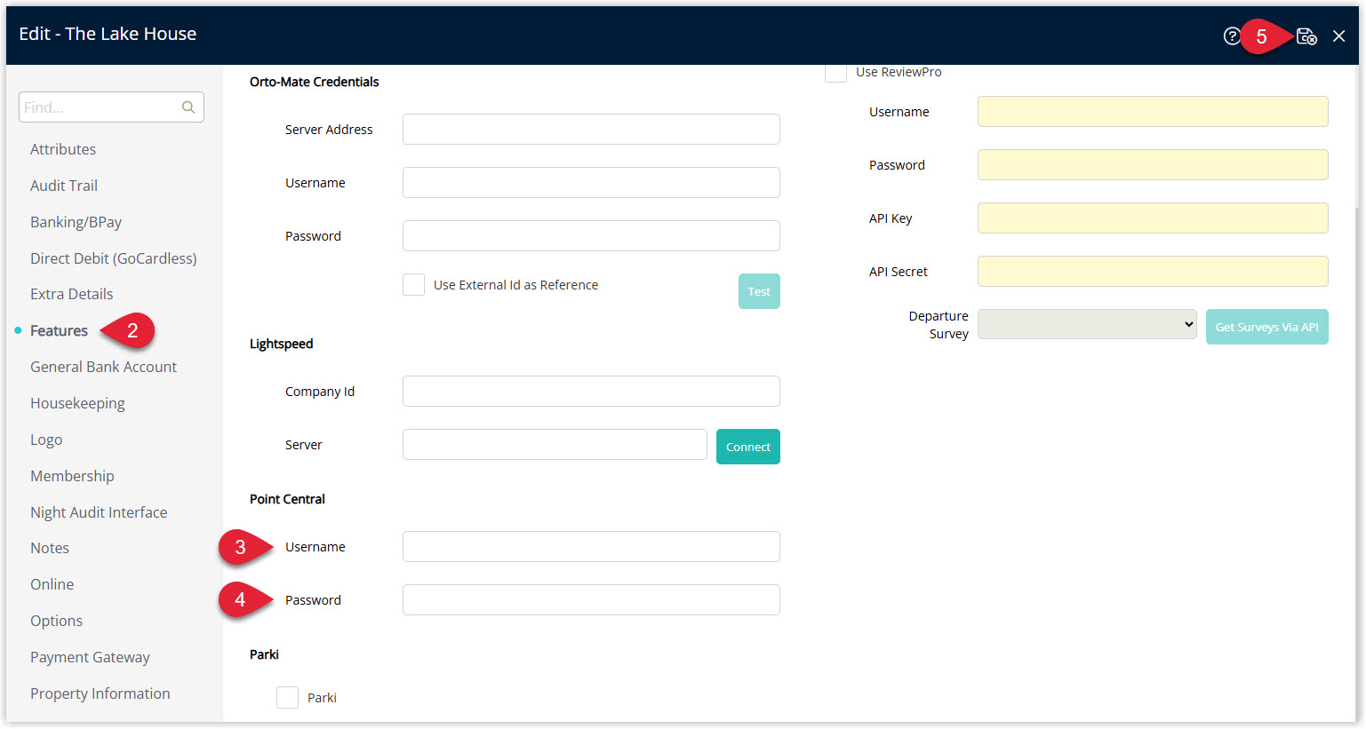 Annotated screenshot of the Features tab in RMS highlighting the Point Central Username and Password fields