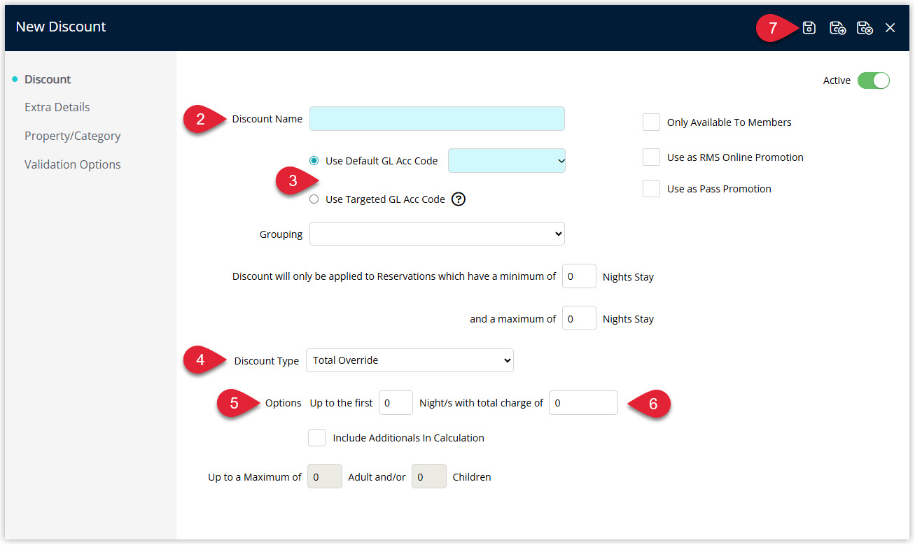 Annotated screenshot of the New Discount screen in RMS showing the Discount Name, GL Account Code, and Discount Type fields configured for a Total Override discount, with the nights and total charge amount options highlighted
