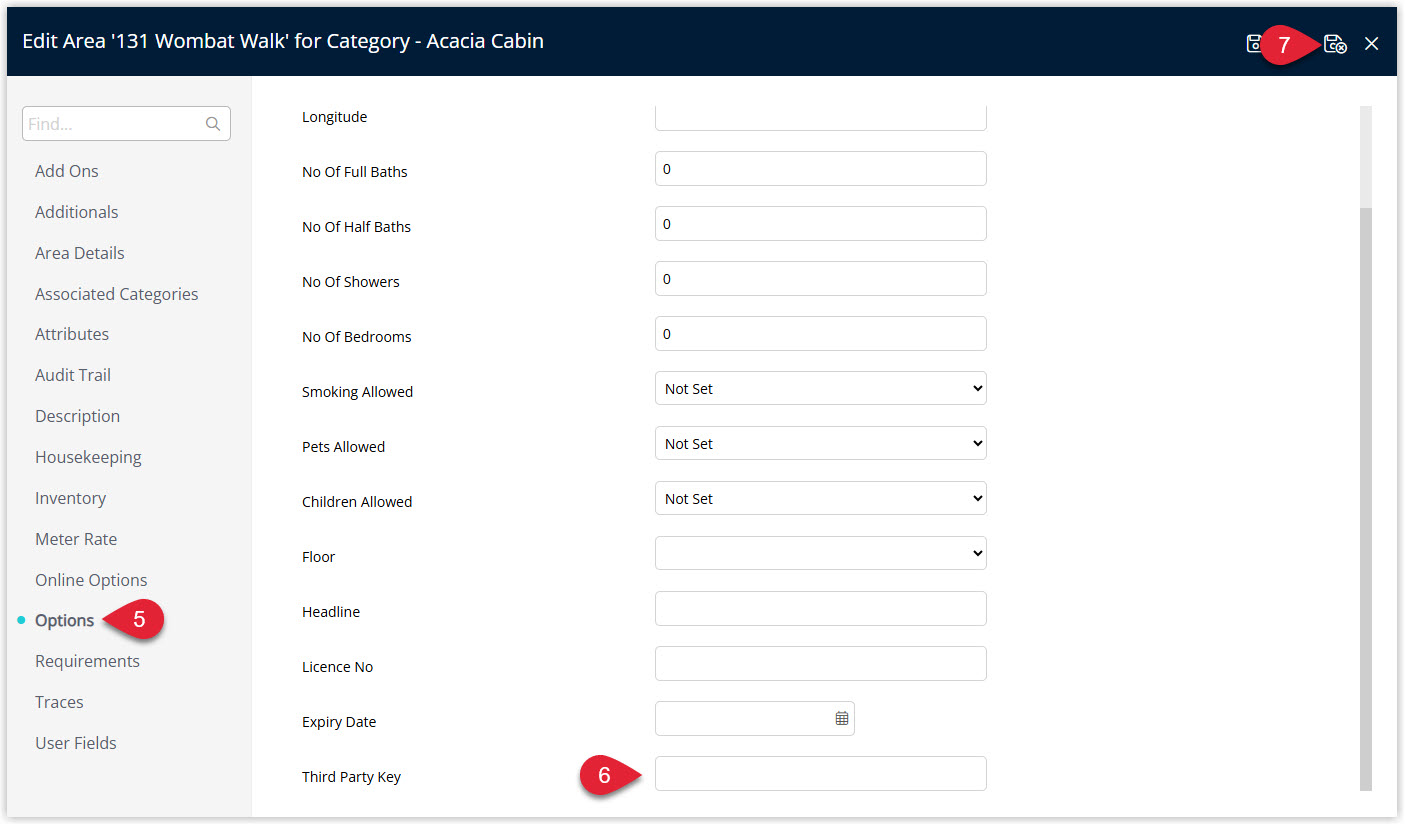 Annotated screenshot of the area Options tab in RMS highlighting the Third Party Key field
