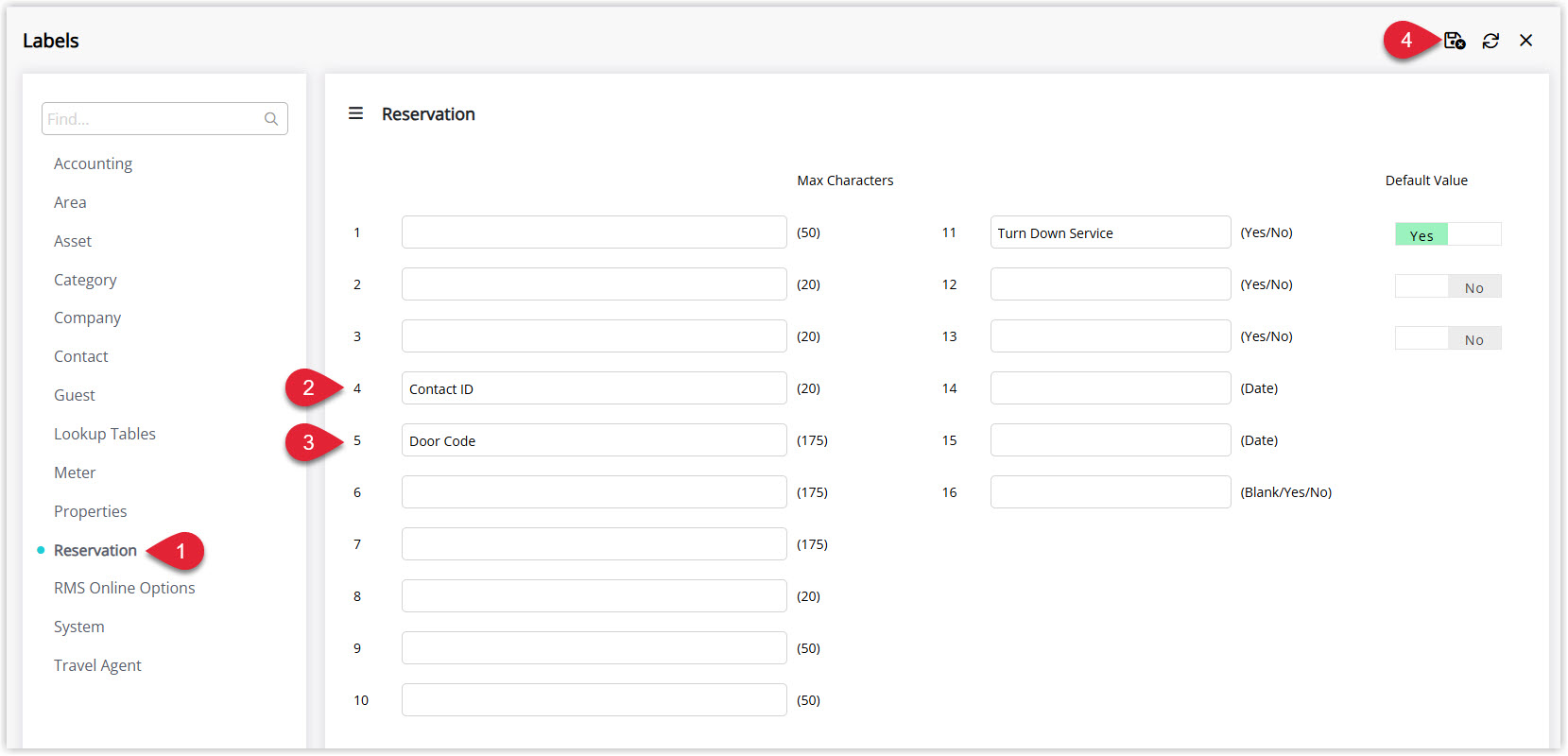 Annotated screenshot of the Labels screen in RMS highlighting the Reservation Door Code label field