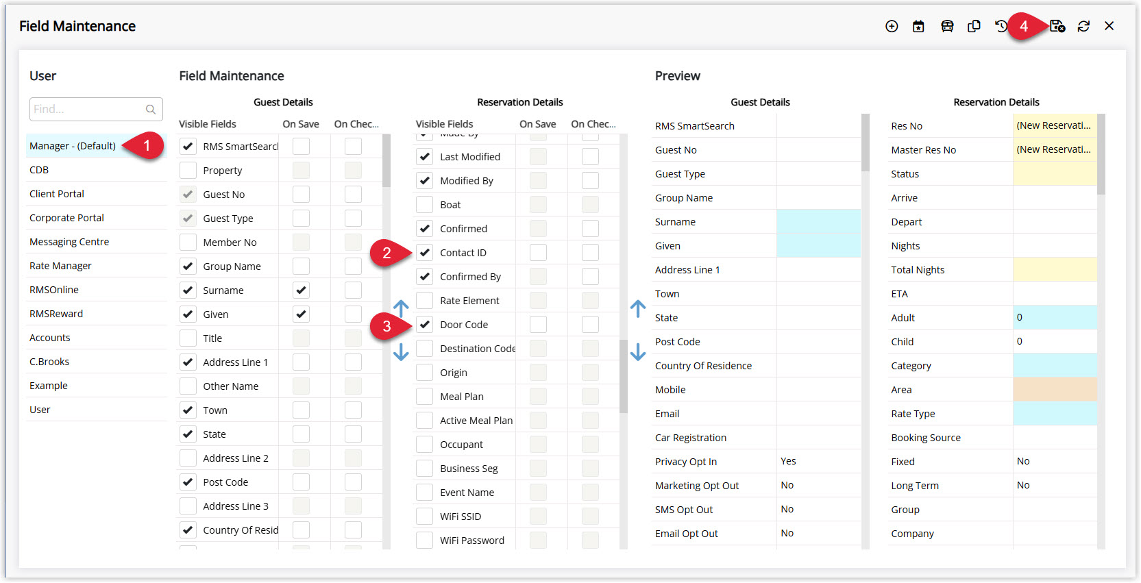 Annotated screenshot of the Field Maintenance screen in RMS highlighting the Contact ID and Door Code visible fields