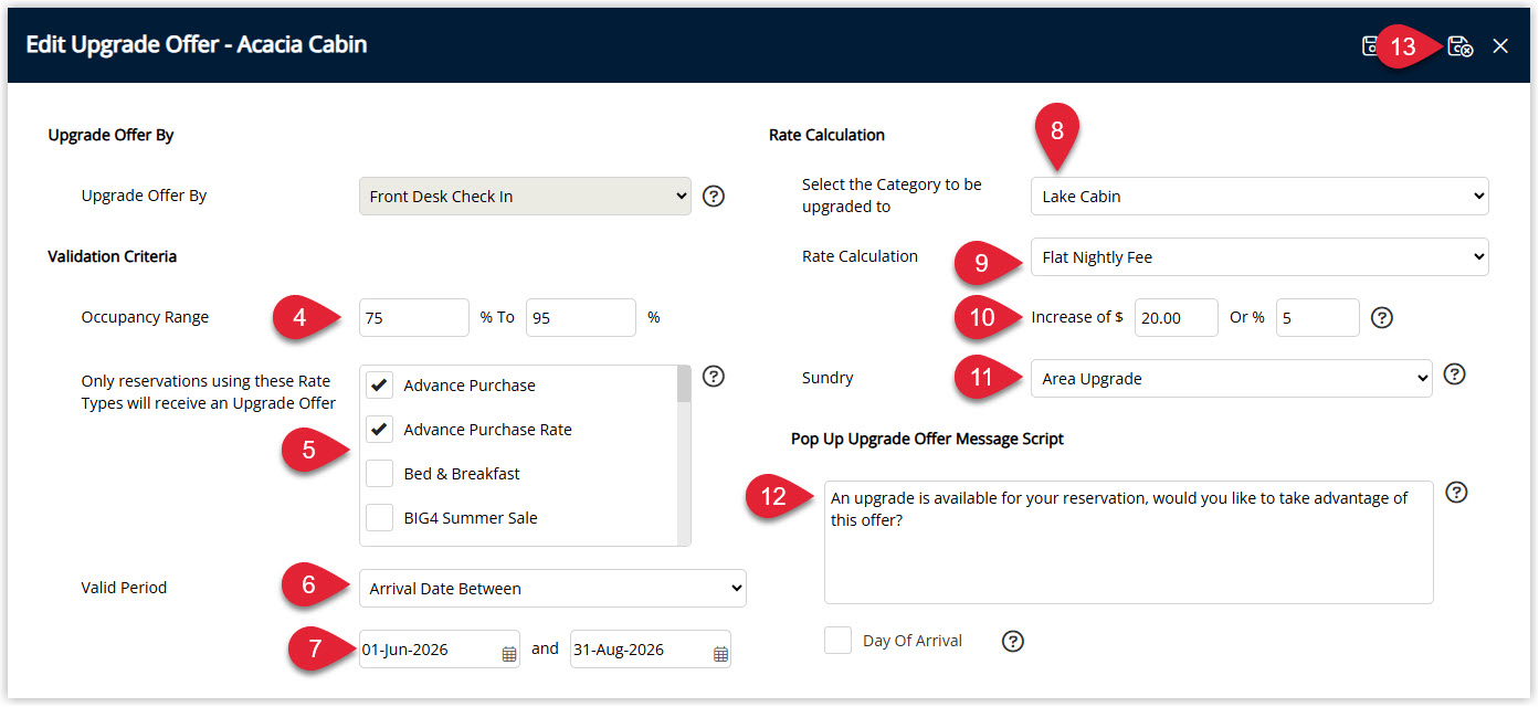 Annotated screenshot of the Edit Upgrade Offer window in RMS highlighting the Occupancy Range, Rate Types, Valid Period, Upgrade Category, Rate Calculation, Sundry and Upgrade Offer Script fields