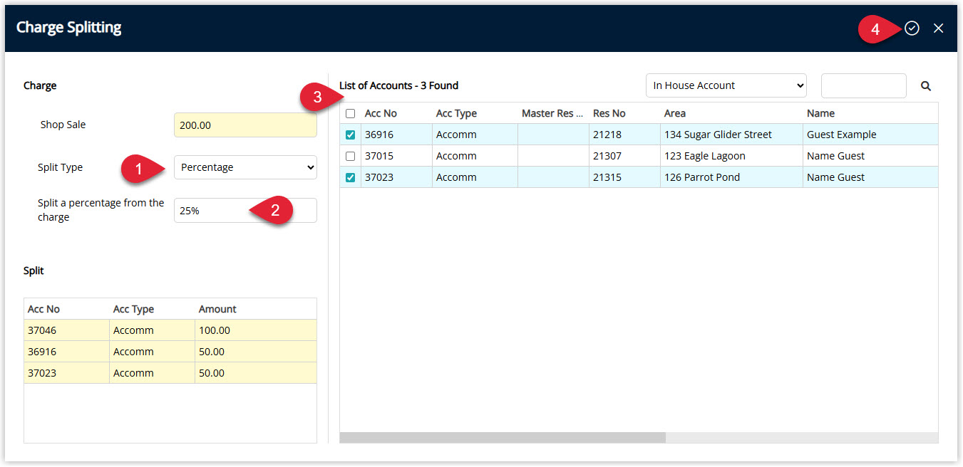 Annotated screenshot of the Charge Splitting screen in RMS showing Split Type set to Percentage with 25% split across selected reservation accounts