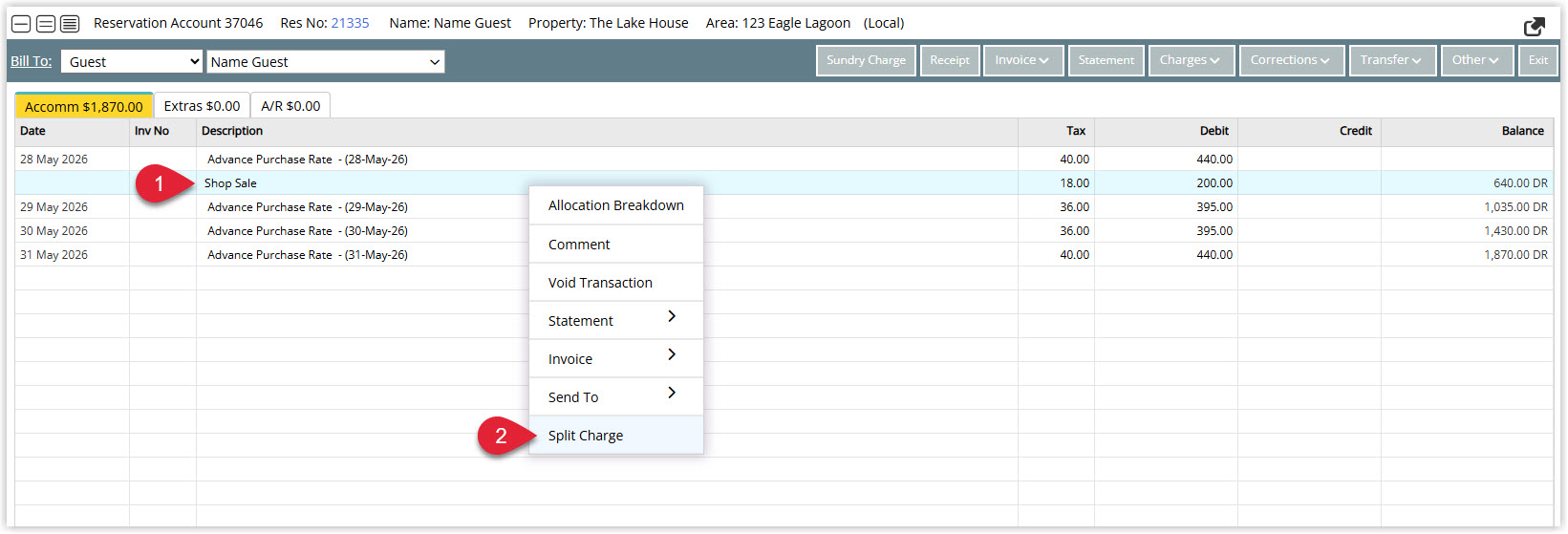 Annotated screenshot of the Reservation Account screen in RMS showing a charge selected with the right-click context menu displaying the Split Charge option