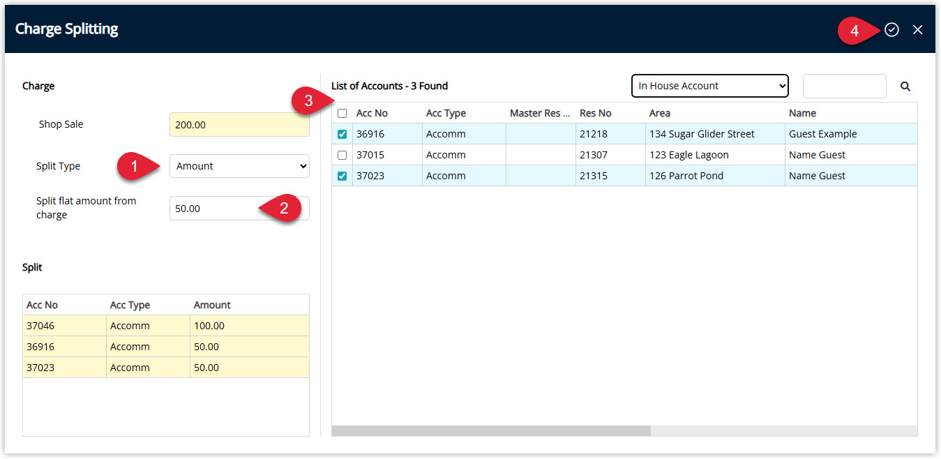 Annotated screenshot of the Charge Splitting screen in RMS showing Split Type set to Amount with a flat amount of $50.00 to split across selected reservation accounts