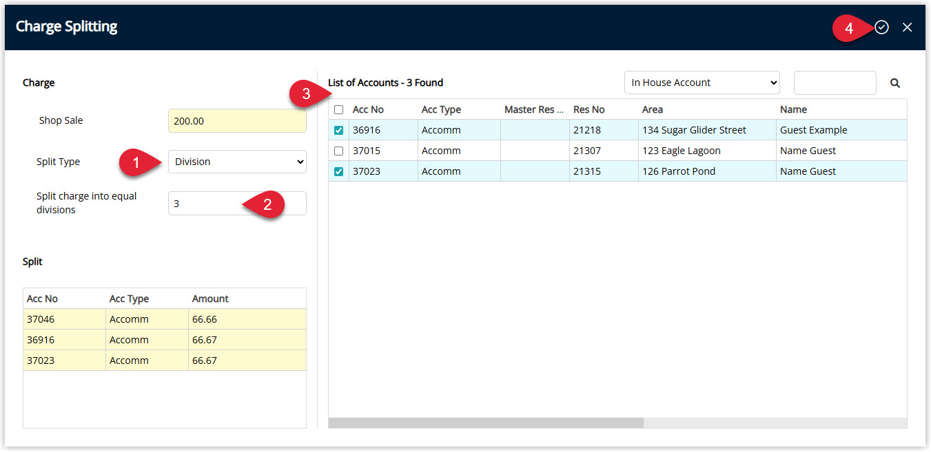 Annotated screenshot of the Charge Splitting screen in RMS showing Split Type set to Division with the charge split into 3 equal divisions across selected reservation accounts