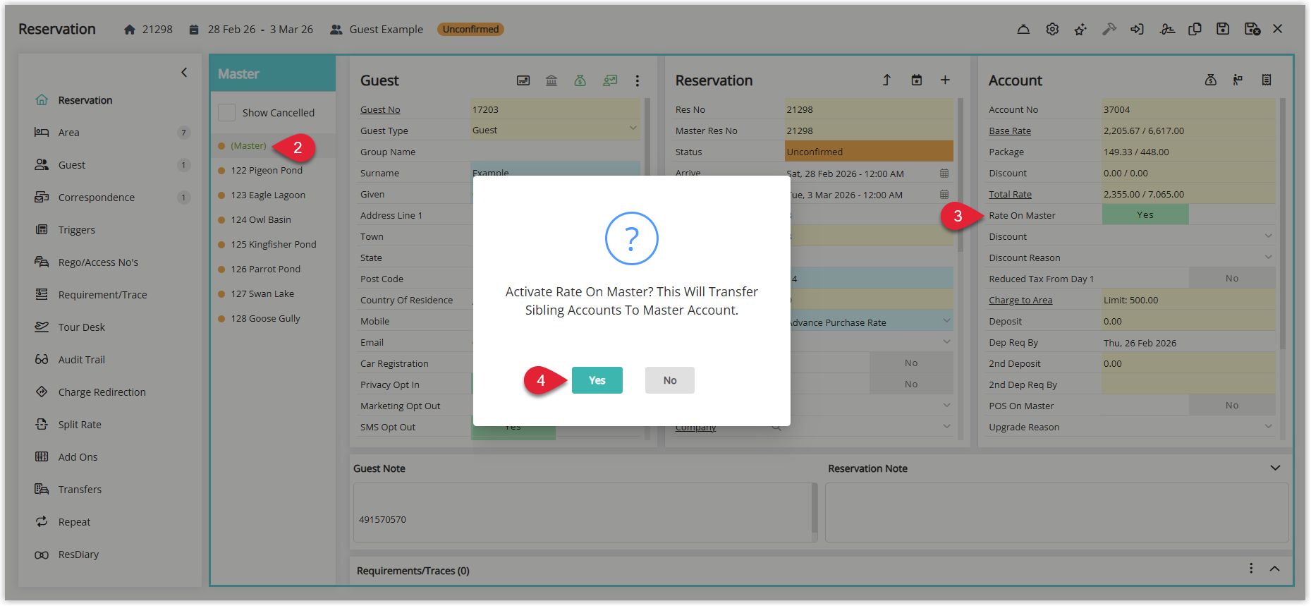 Annotated screenshot of a saved Master Reservation in RMS highlighting the Master cover page, the Rate on Master field and the confirmation message with the Yes button