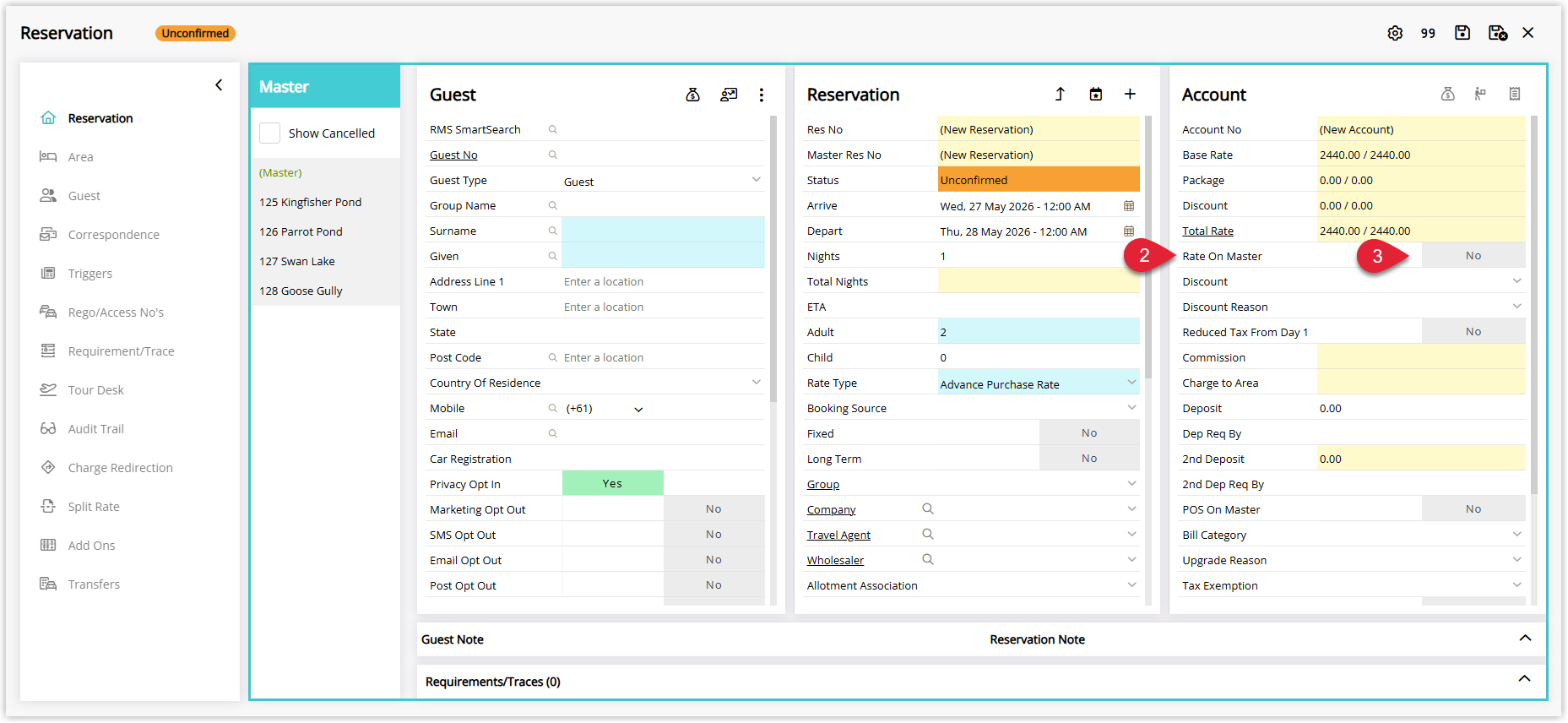 Annotated screenshot of a new Master Reservation in RMS highlighting the Rate on Master field in the Account panel