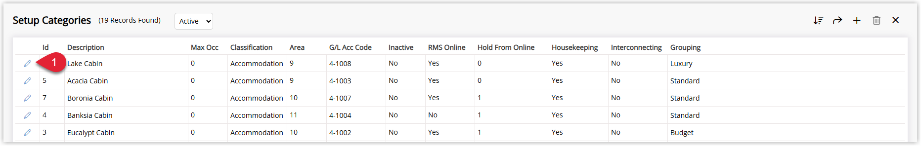 Annotated screenshot of the Setup Categories list in RMS showing categories with the edit icon highlighted on the Lake Cabin row