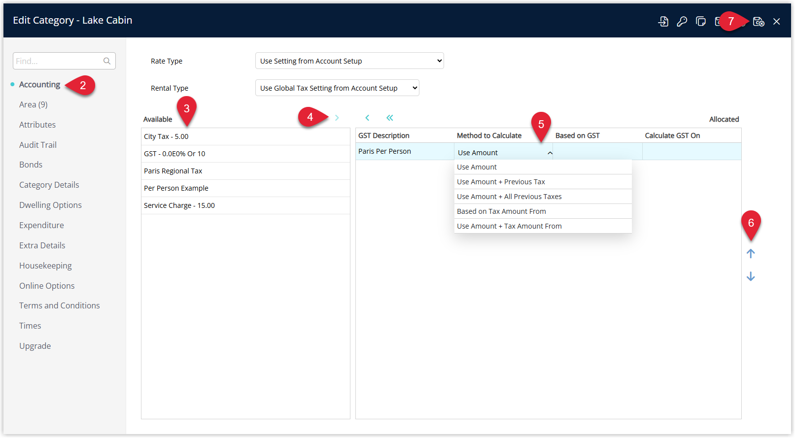 Annotated screenshot of the Edit Category Accounting screen in RMS showing the available and allocated taxes with the Method to Calculate dropdown expanded