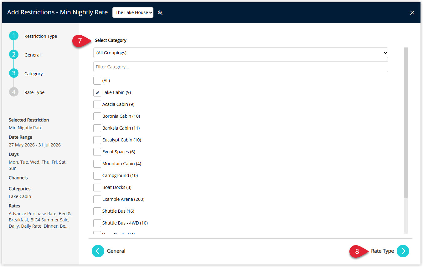 Annotated screenshot of the Add Restrictions Min Nightly Rate Category screen in RMS highlighting the category selection and the Rate Type button