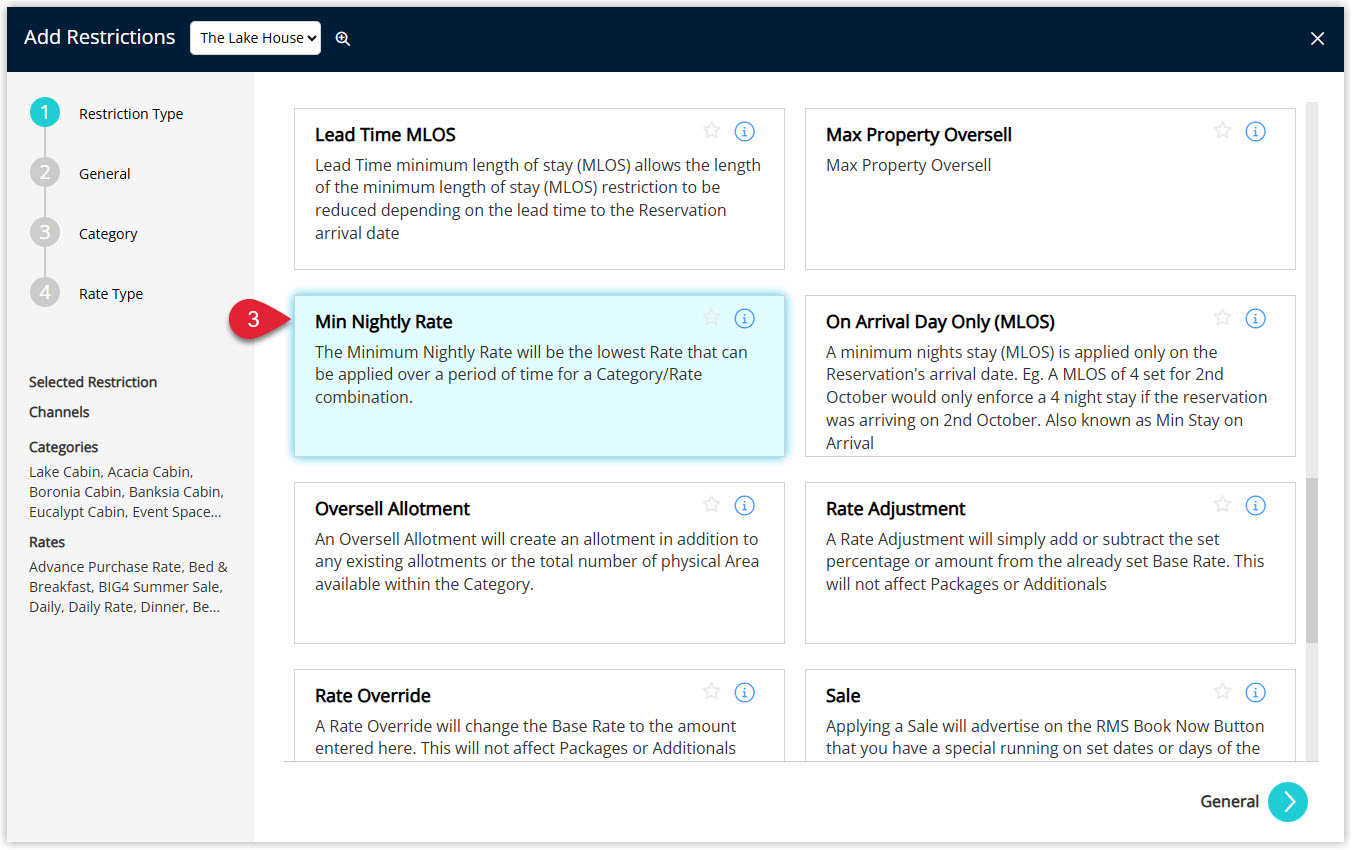 Annotated screenshot of the Add Restrictions screen in RMS highlighting the Min Nightly Rate restriction type