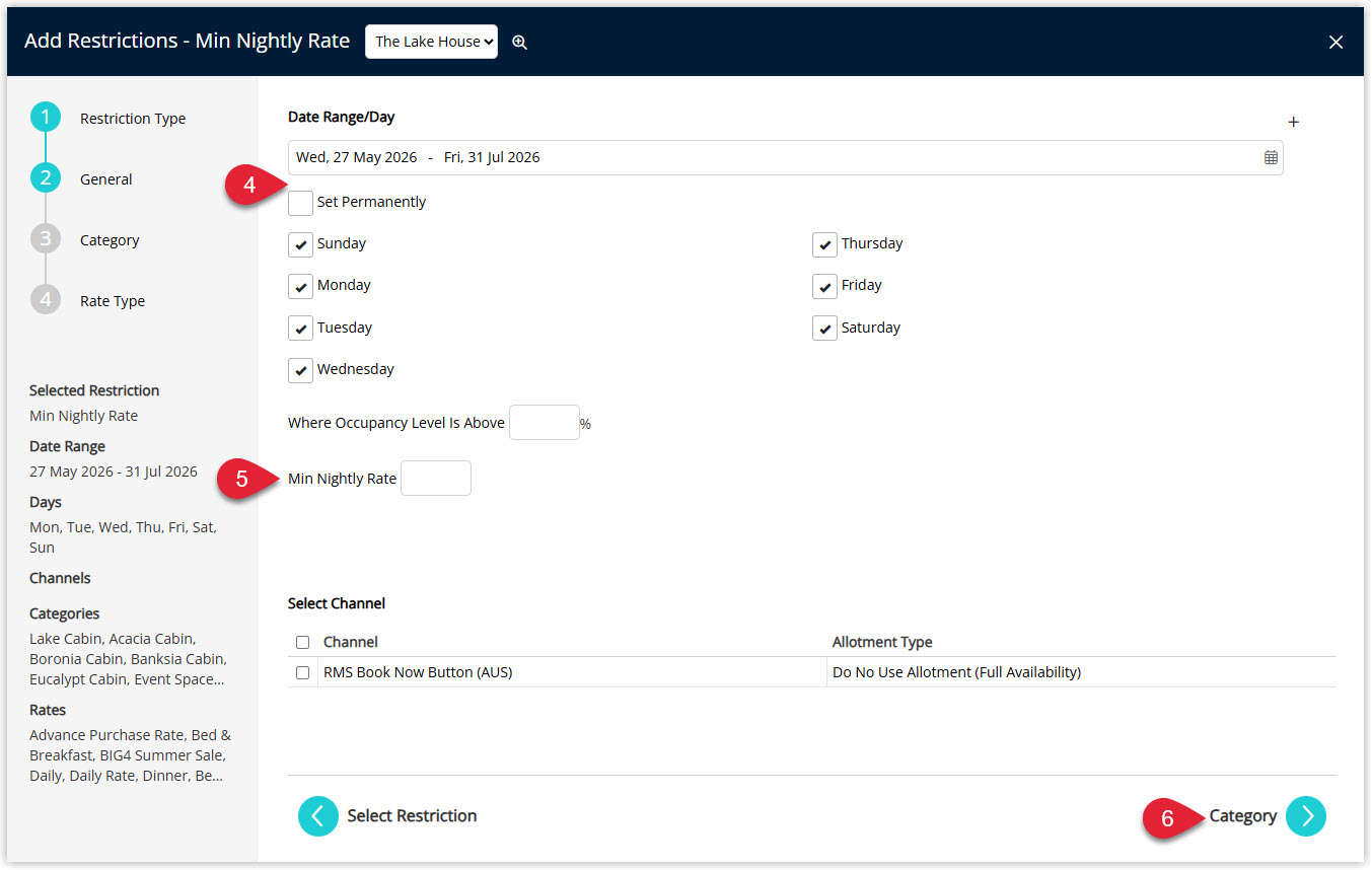 Annotated screenshot of the Add Restrictions Min Nightly Rate General screen in RMS highlighting the Set Permanently option, the Min Nightly Rate field and the Category button
