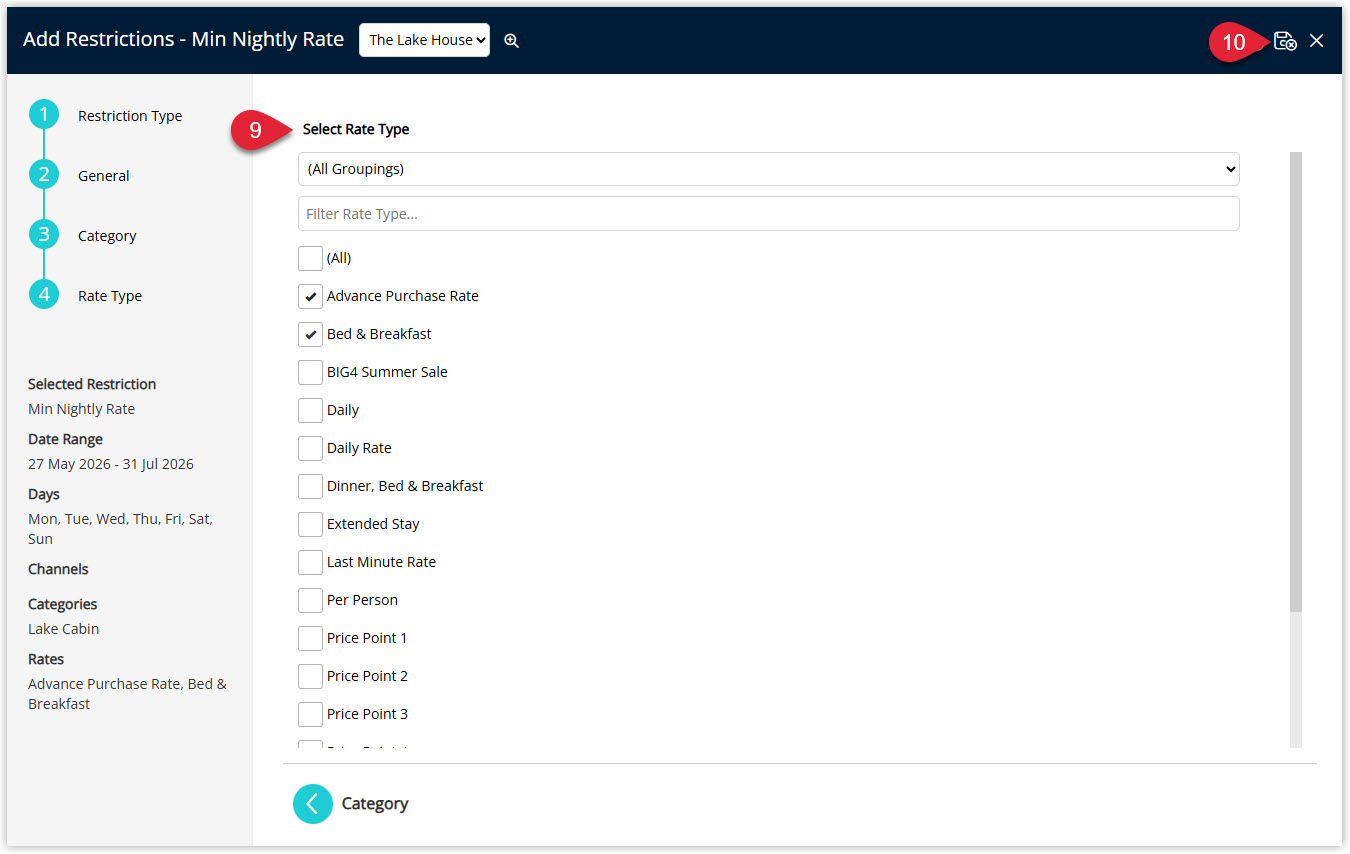 Annotated screenshot of the Add Restrictions Min Nightly Rate Rate Type screen in RMS highlighting the rate type selection and the save icon