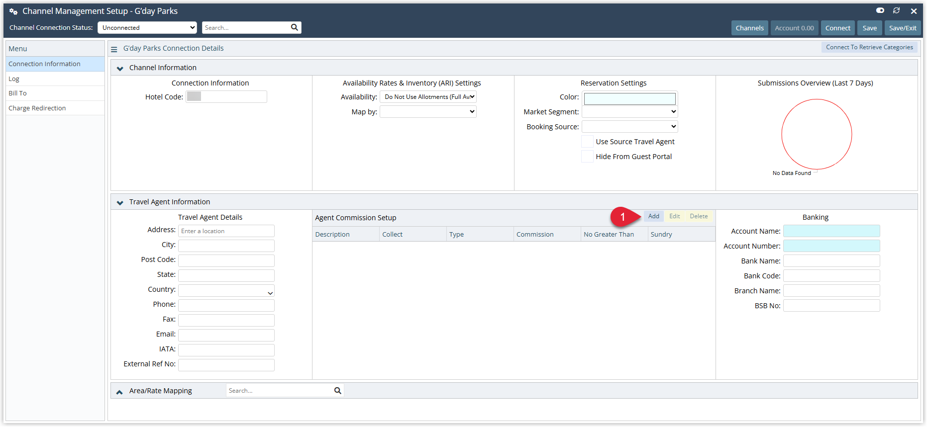Annotated screenshot of the G'Day Parks Channel Management Setup screen in RMS in Unconnected status with the Agent Commission Setup Add button highlighted