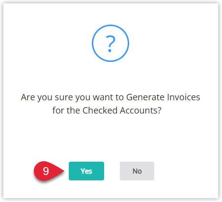 Annotated screenshot of the Generate Invoices confirmation dialog in RMS highlighting the Yes button