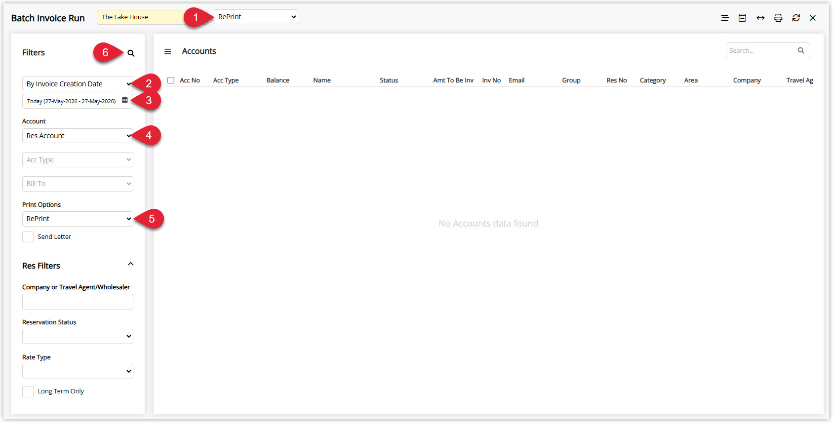 Annotated screenshot of the Batch Invoice Run screen in RMS showing the RePrint mode with By Invoice Creation Date, Account and Print Options filter fields