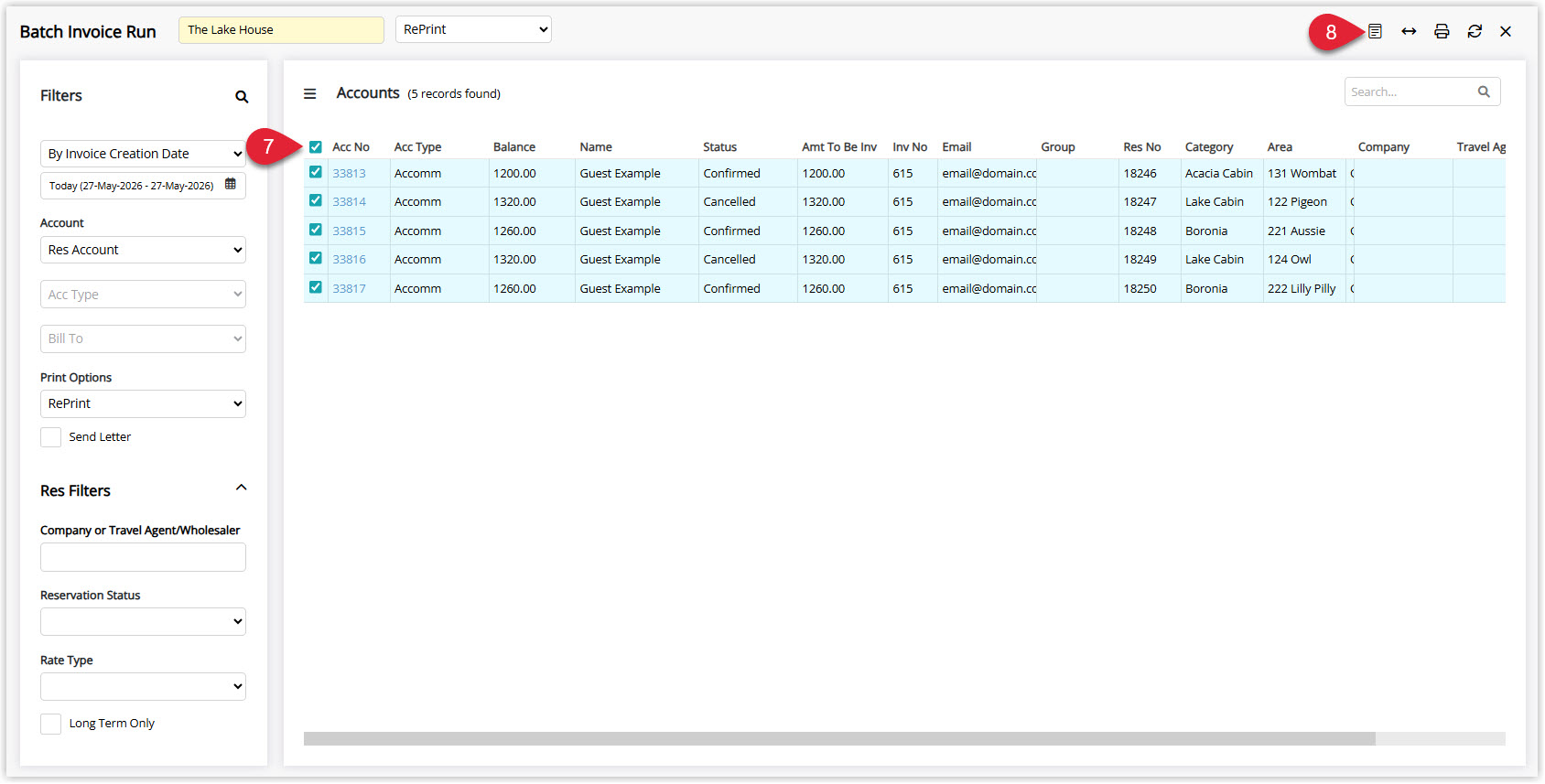 Annotated screenshot of the Batch Invoice Run screen in RMS showing the reprint accounts list with checkboxes and the reprint icon