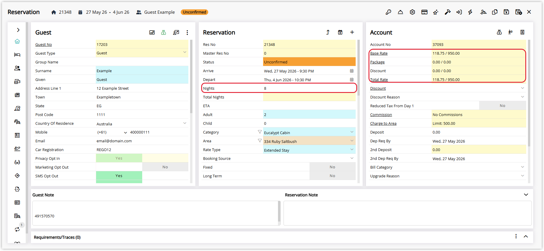 Annotated screenshot of a reservation in RMS with the Nights field and the Base Rate and Total Rate fields highlighted