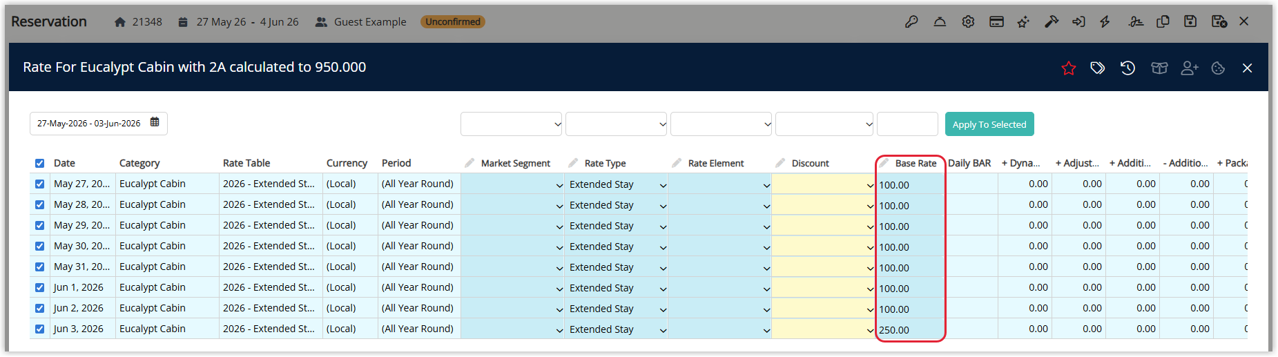 Annotated screenshot of the rate breakdown for a category in RMS with the Base Rate column highlighted