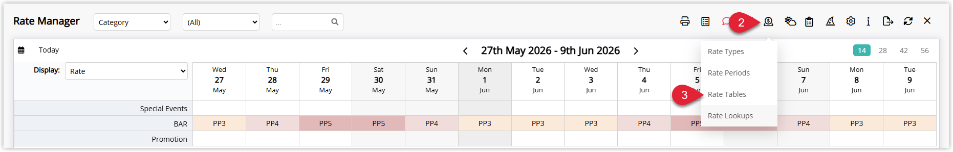 Annotated screenshot of the Rate Manager screen in RMS with the user icon menu and the Rate Tables menu item highlighted