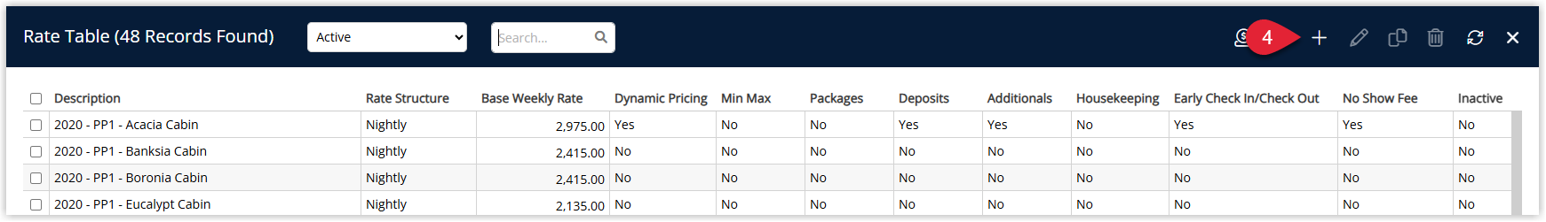 Annotated screenshot of the Rate Table list in RMS with the Add icon highlighted