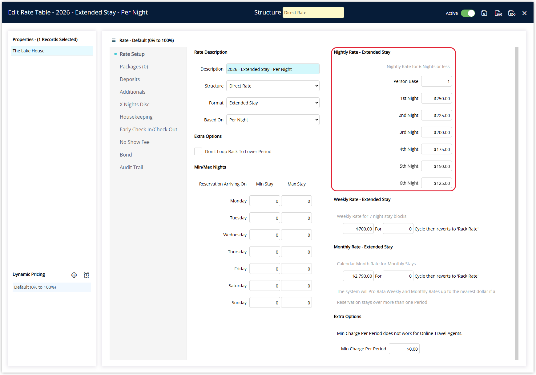 Annotated screenshot of the Edit Rate Table screen in RMS with the Nightly Rate Extended Stay panel highlighted