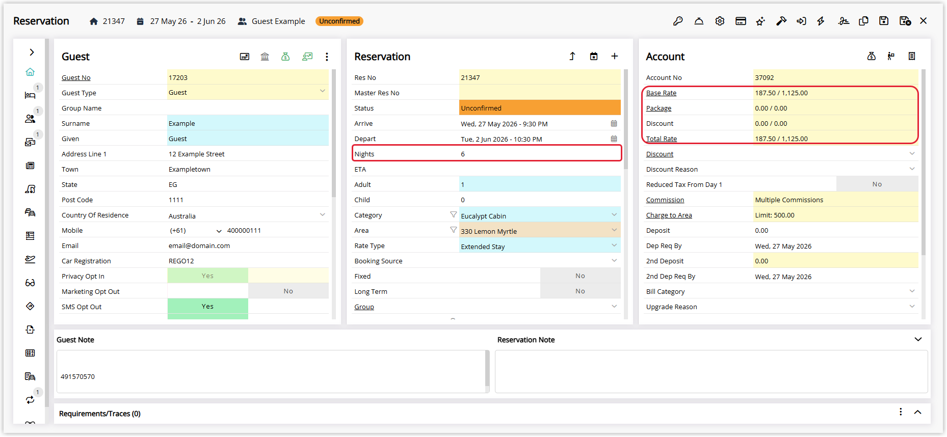 Annotated screenshot of a reservation in RMS with the Nights field and the Base Rate and Total Rate fields highlighted