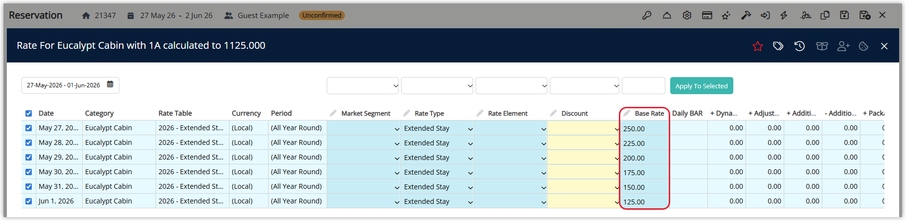 Annotated screenshot of the rate breakdown for a category in RMS with the descending nightly Base Rate column highlighted