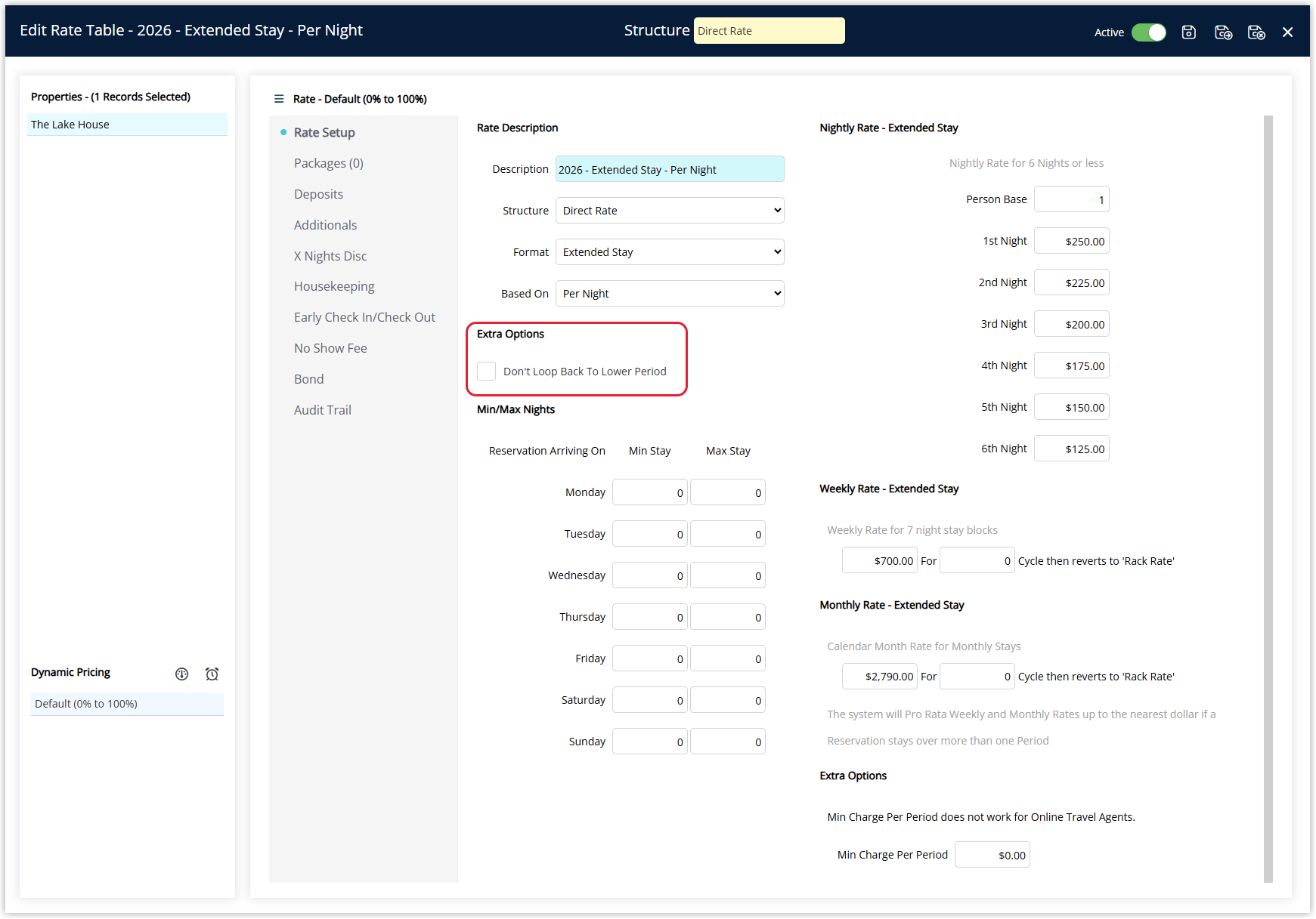 Annotated screenshot of the Edit Rate Table screen in RMS with the Don't Loop Back To Lower Period checkbox highlighted