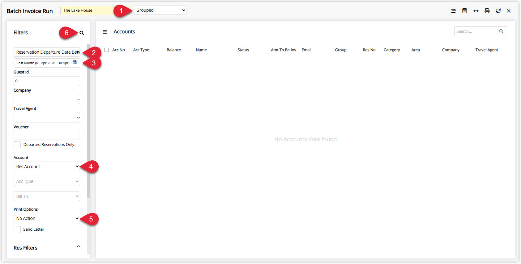 Annotated screenshot of the Batch Invoice Run screen in RMS showing the Grouped mode with Reservation Departure Date, Guest Id, Company, Travel Agent, Account and Print Options filter fields