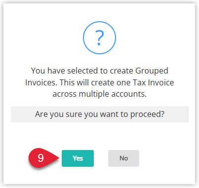 Annotated screenshot of the Create Grouped Invoices confirmation dialog in RMS highlighting the Yes button