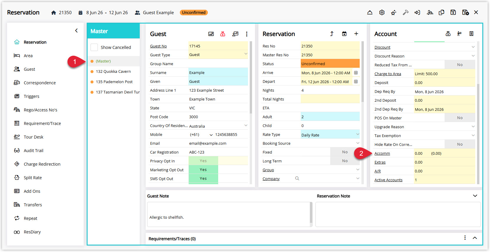 Annotated screenshot of the Master Reservation screen in RMS showing the reservation panel with sub-reservations listed and the Account panel with the Accomm link highlighted