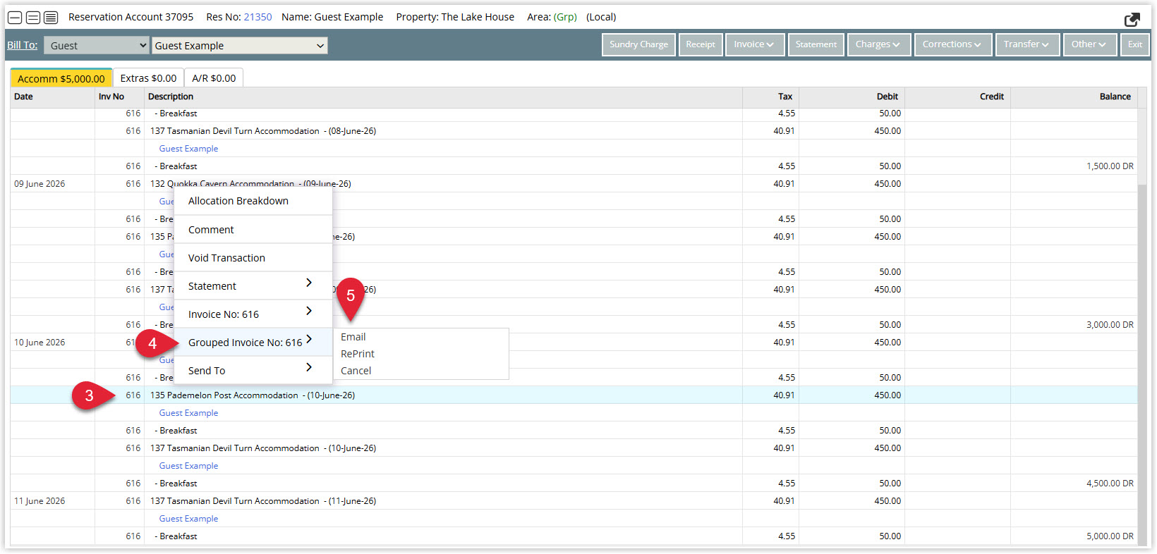 Annotated screenshot of the Reservation Account screen in RMS showing the right-click context menu on a transaction with the Grouped Invoice option highlighted
