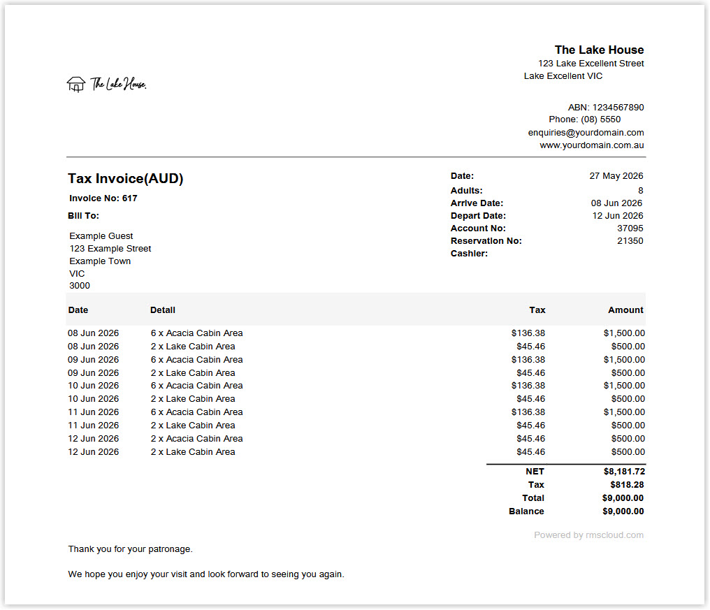 Screenshot of a Grouped Tax Invoice in RMS showing accommodation charges from multiple sub-reservations consolidated into a single invoice