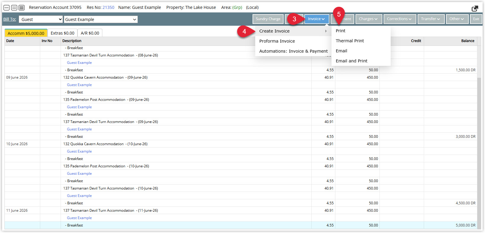 Annotated screenshot of the Reservation Account screen in RMS showing the Invoice menu expanded with options including Create Invoice, Proforma Invoice, and Automations: Invoice & Payment