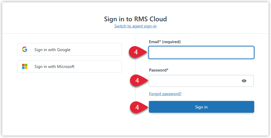 Annotated screenshot of the RMS Customer Support Portal sign-in page with the email, password, and Sign in fields highlighted