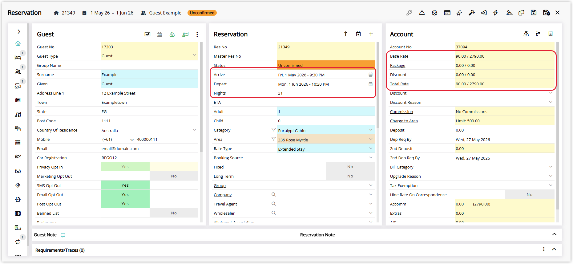 Annotated screenshot of a reservation in RMS with the Arrive, Depart and Nights fields and the Base Rate and Total Rate fields highlighted