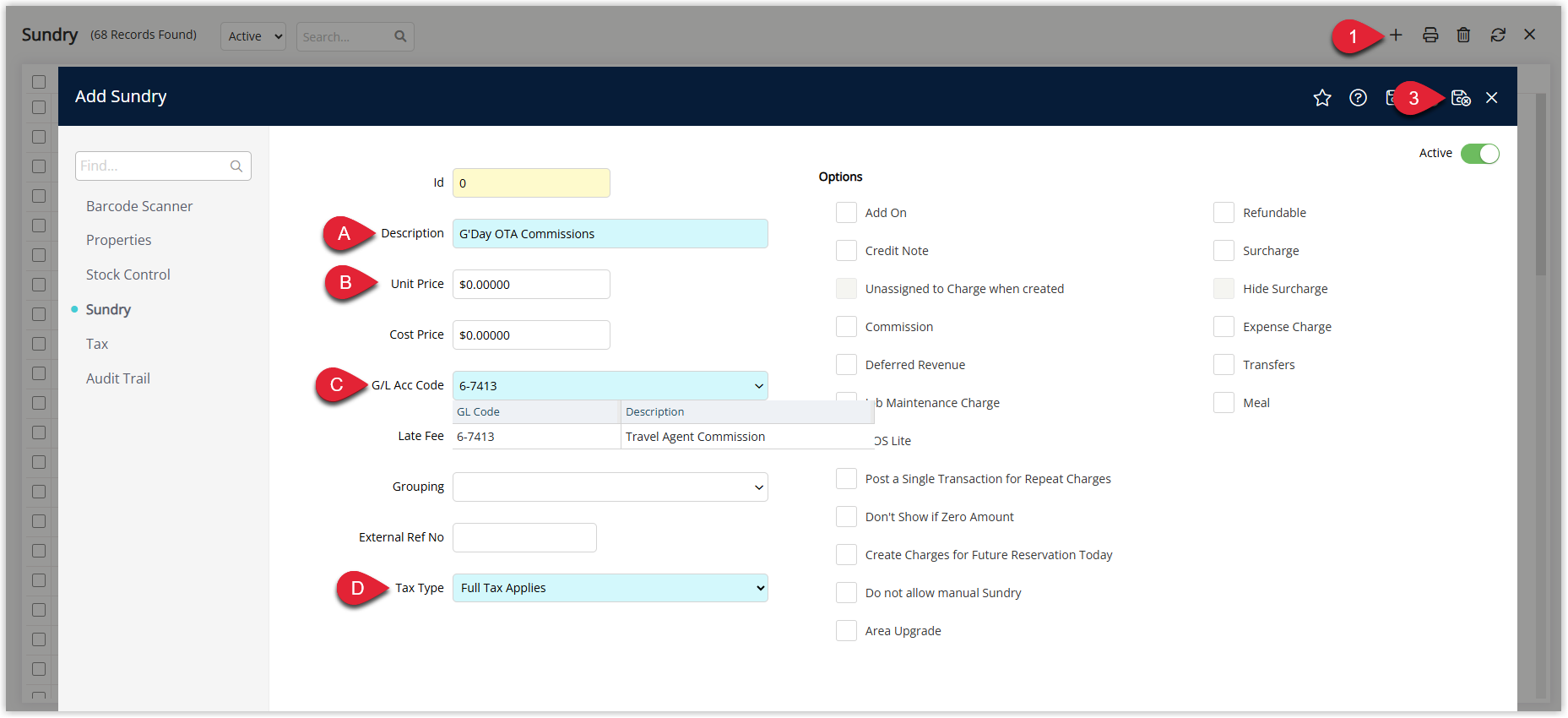 Annotated screenshot of the Add Sundry screen in RMS with the Description, Unit Price, G/L Acc Code and Tax Type fields and the Save icon highlighted