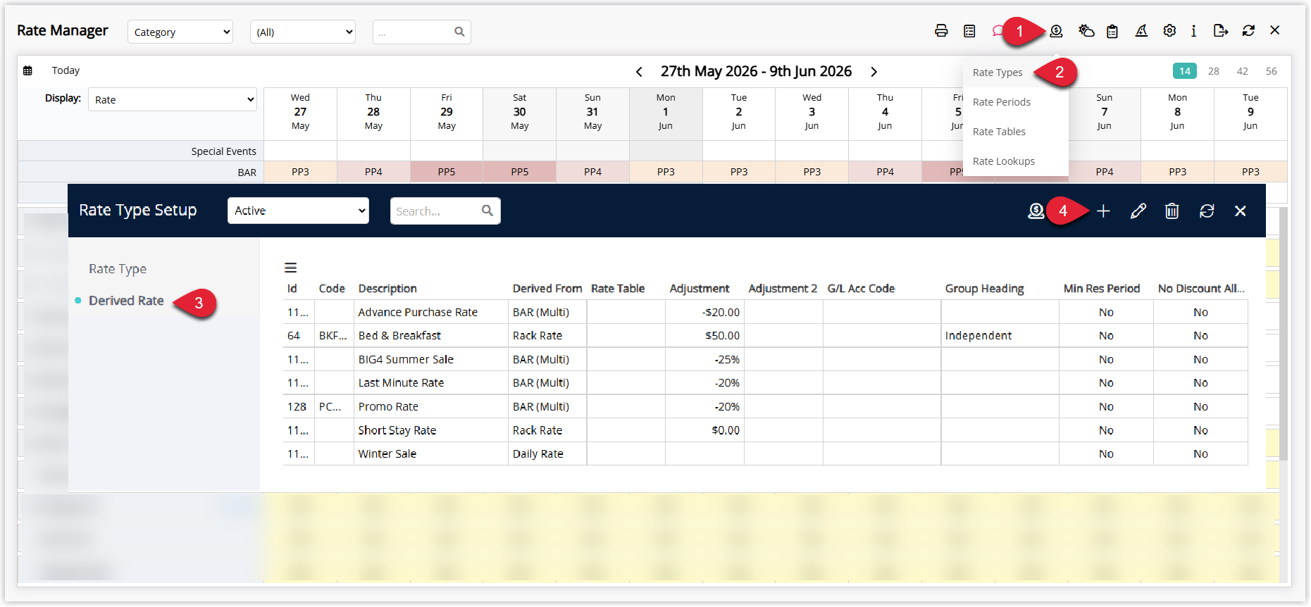 Annotated screenshot of the Rate Manager screen in RMS with the Rate Types menu, the Derived Rate list and the Add icon highlighted