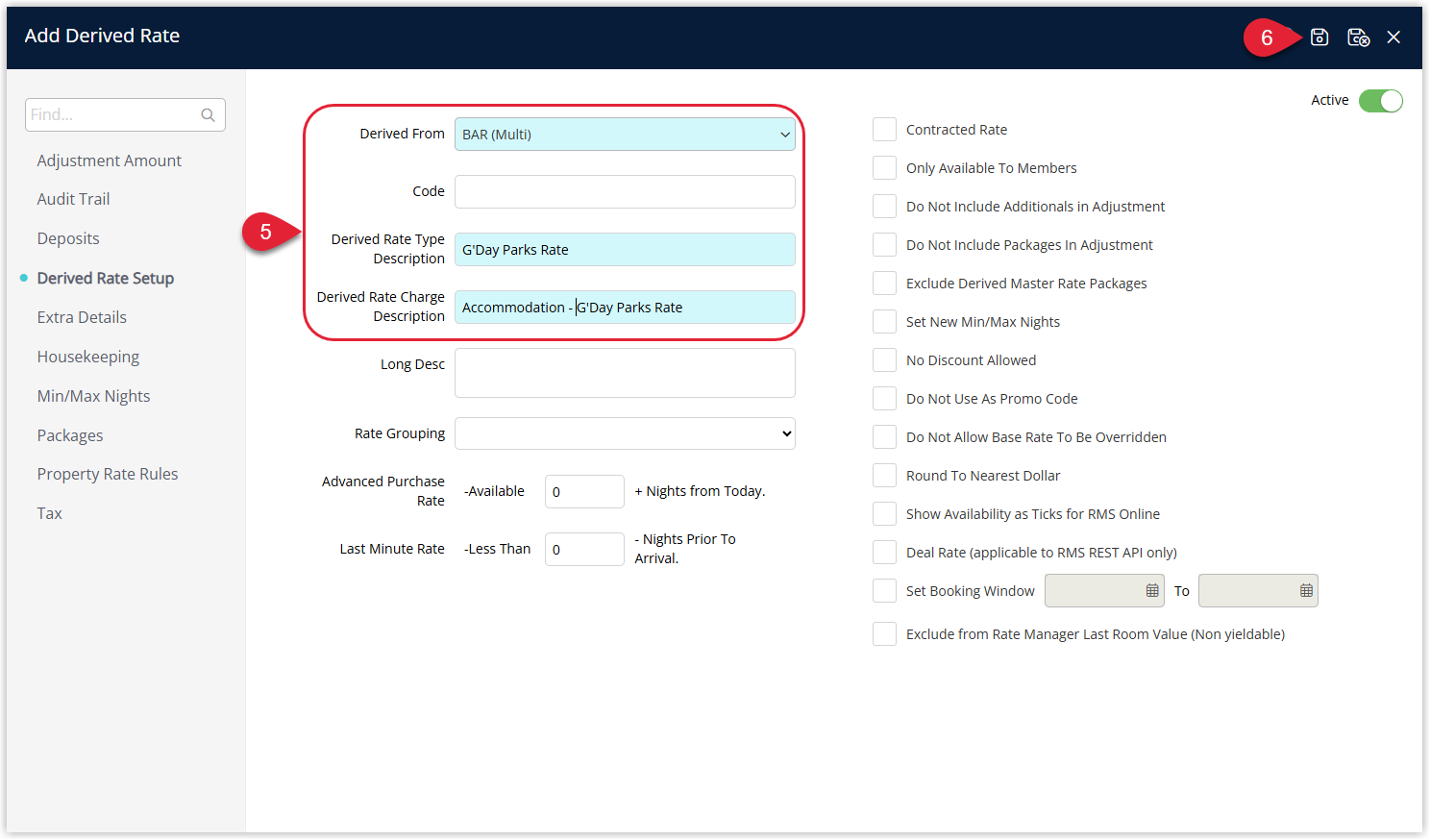 Annotated screenshot of the Add Derived Rate screen in RMS with the Derived Rate Type Description field and the Save icon highlighted