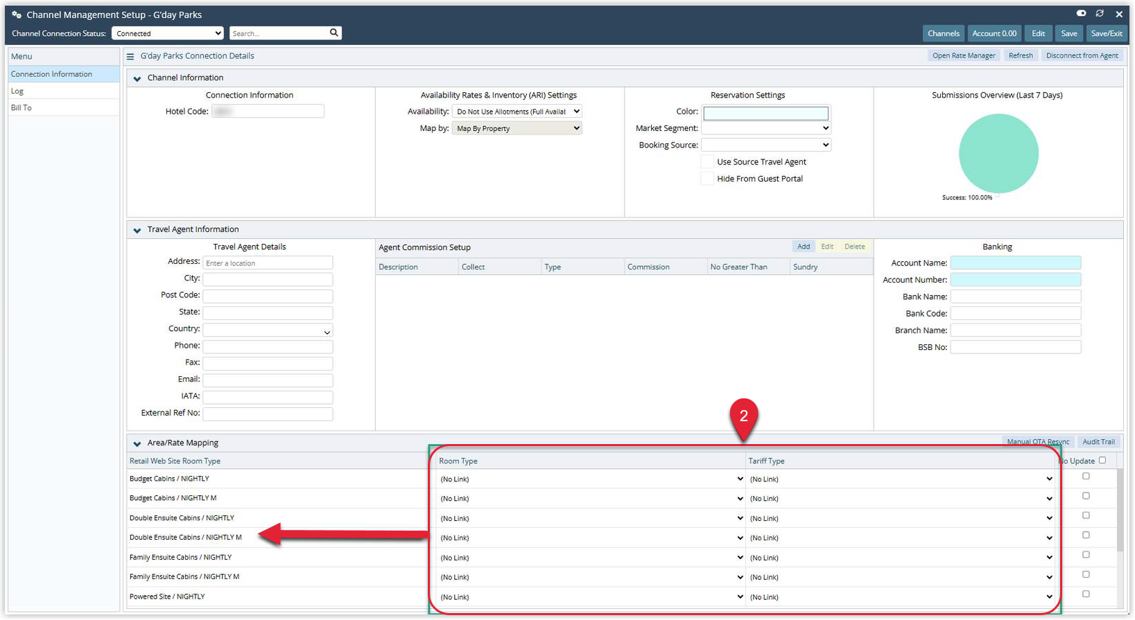 Annotated screenshot of the G'Day Parks Channel Management Setup screen in RMS with the Room Type and Tariff Type mapping columns highlighted