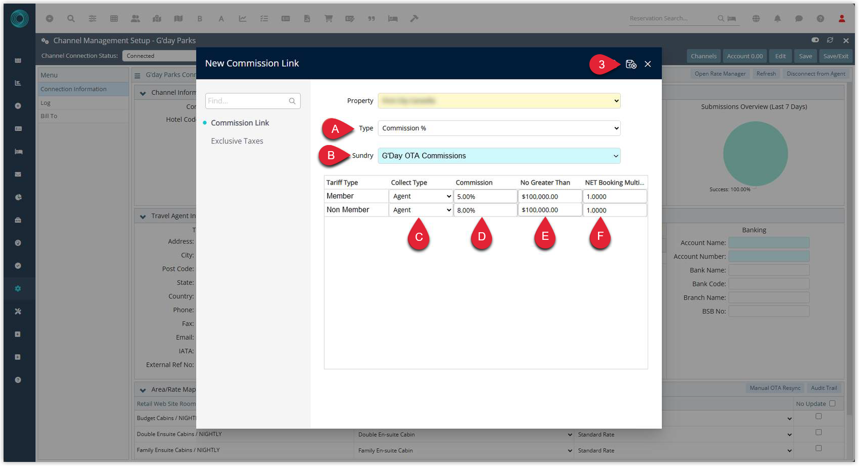 Annotated screenshot of the New Commission Link dialog in RMS with the Type field, Sundry field and the commission table columns highlighted