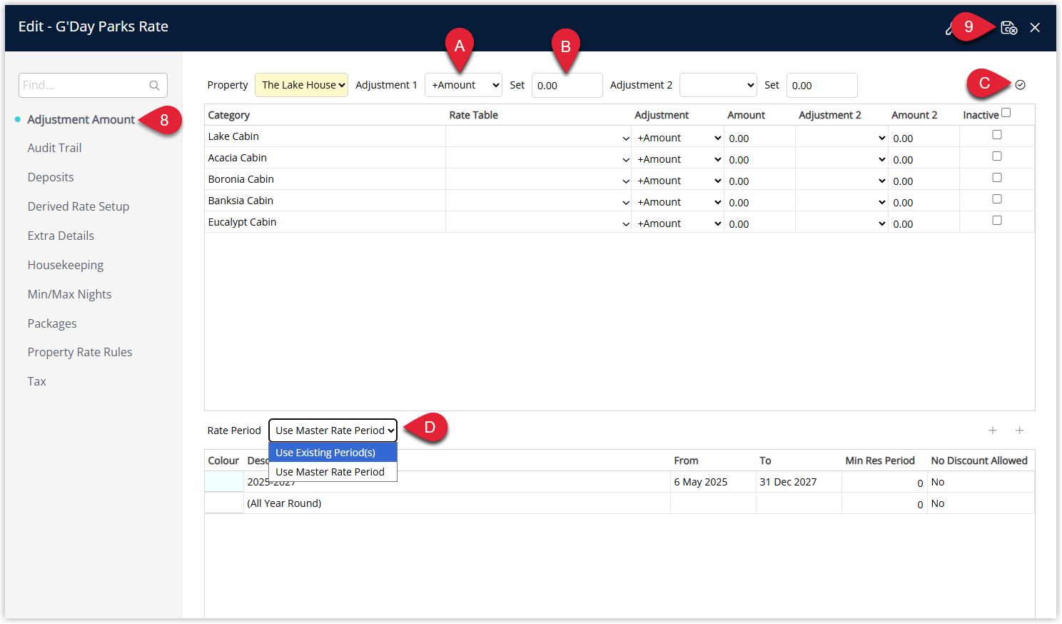 Annotated screenshot of the Derived Rate Adjustment Amount screen in RMS with the Adjustment dropdown, Amount field and Rate Period dropdown highlighted