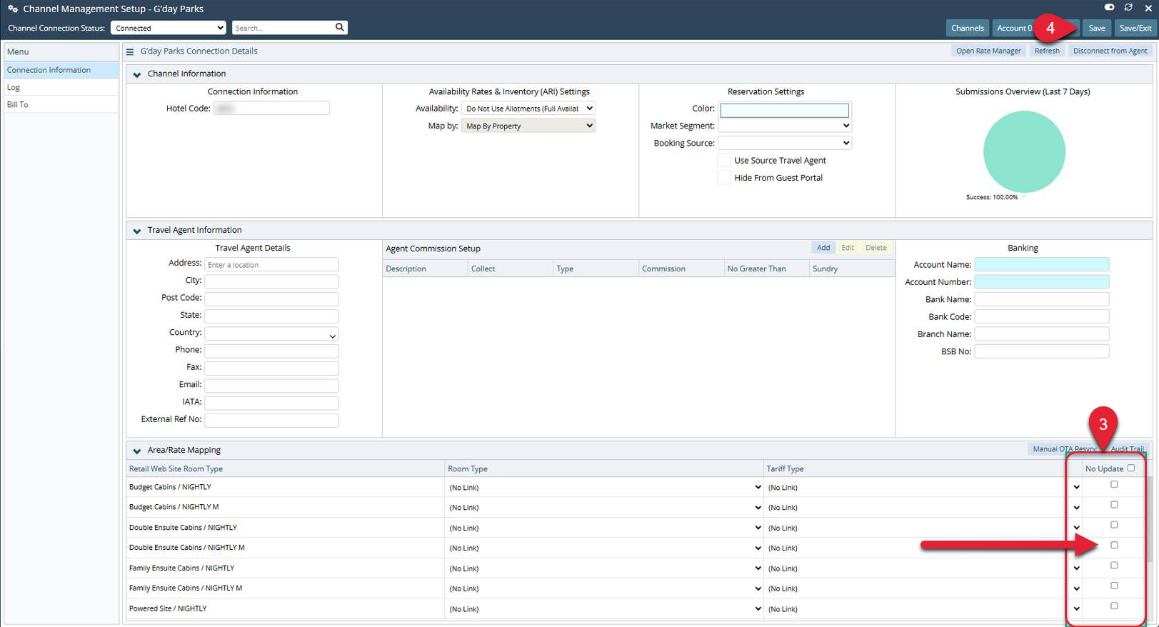 Annotated screenshot of the G'Day Parks Channel Management Setup screen in RMS with the No Update checkbox column, the Save button and the Audit Trail button highlighted