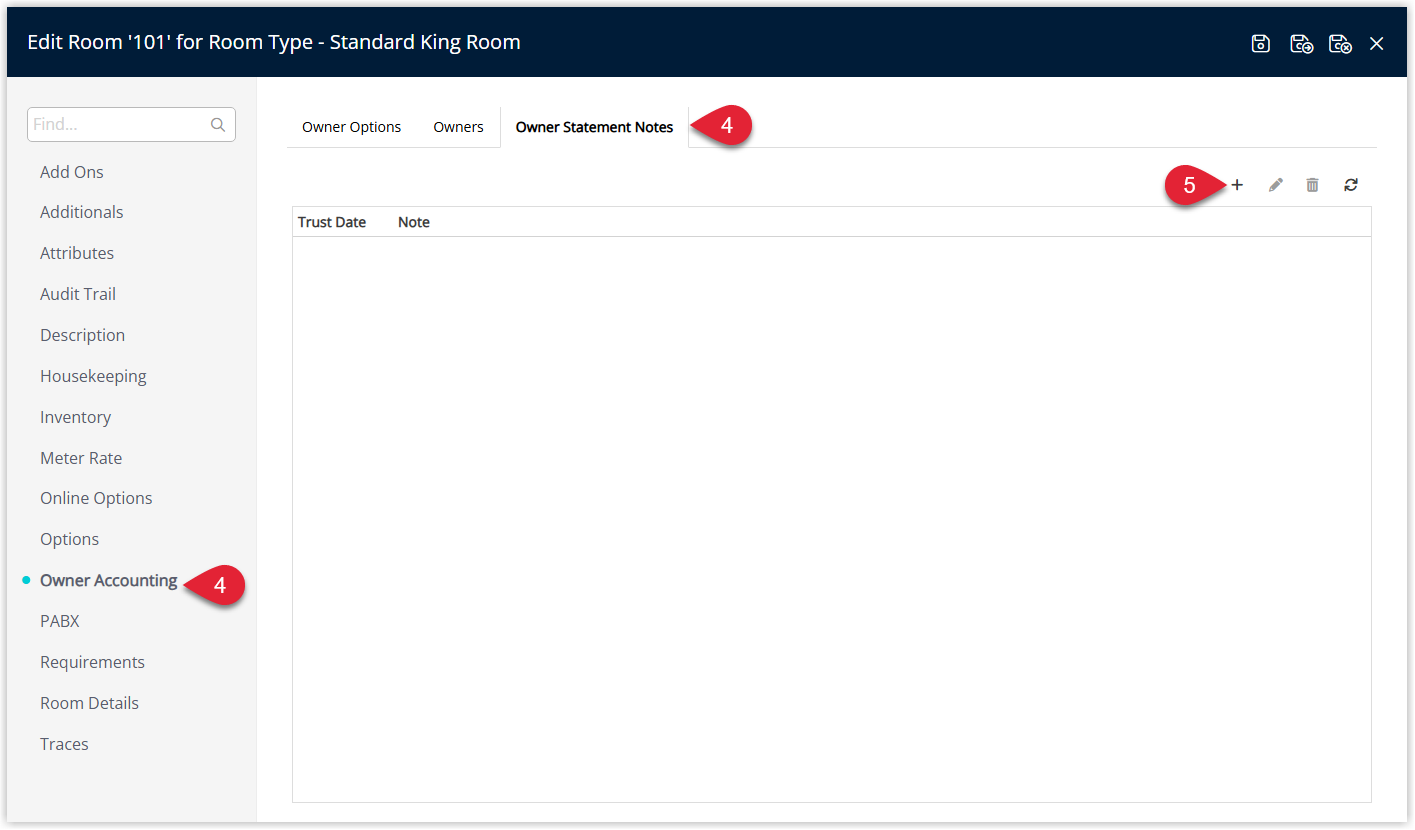 Annotated screenshot of the Edit Room screen in RMS on the Owner Statement Notes tab with the tab and Add icon highlighted